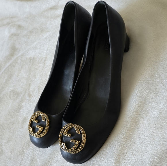 Gucci GG Gold Studded Interlocking Logo Low Block Heel Pump Sz 40.5 - Picture 2 of 13